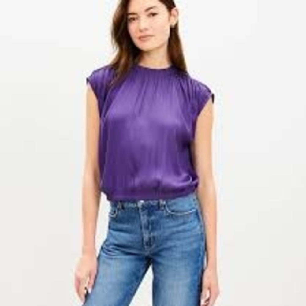 LOFT Purple Blouse with Gathered Neckline and Flowing Fit
